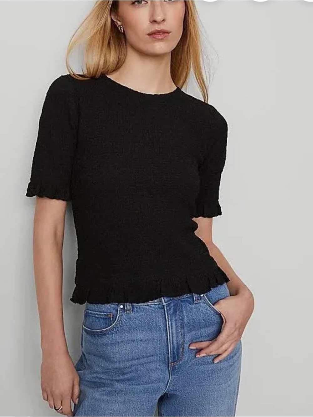 Black Textured Popcorn Knit Ruffle Hem Feminine Fitted Top
